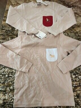 Kids Long-Sleeve Pocket Tee in Light Beige with White Pocket Sz 4/5